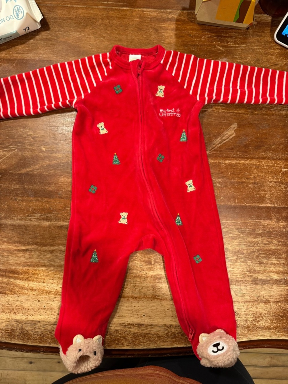 Little me Red Holiday Bear Footed One-Piece